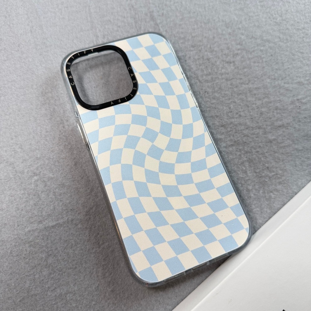 Casetify iPhone 14 Pro Max Case Baby Blue Checkered MagSafe Clear